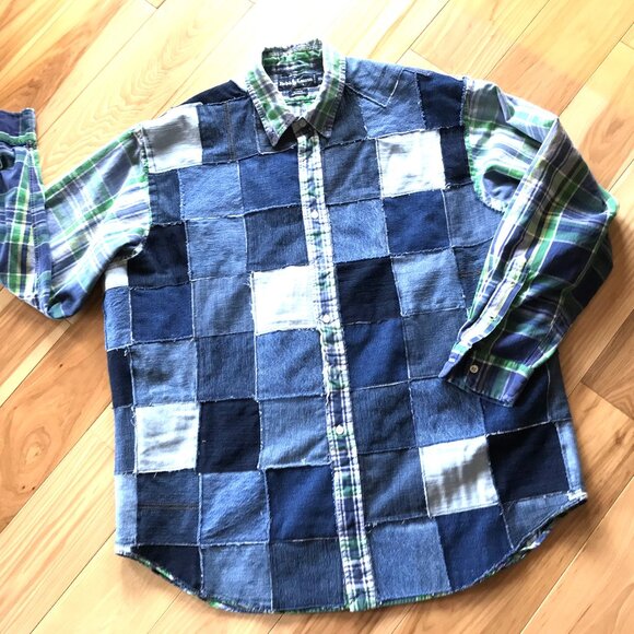 Upcycled Patchwork Jean Jacket, Men's XL: Lake of the Ozarks Denim Patch Shirt - Picture 2 of 14